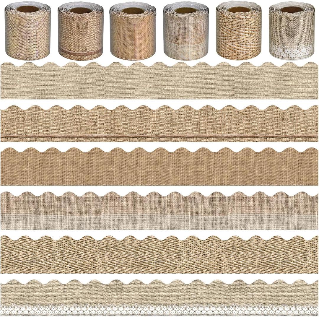 6 Rolls 196.8 Ft Burlap Bulletin Board Border Set - Retro Farmhouse Theme Trim - Perfect for Birthday, Classroom, Office & Back to School Decorations - Teacher Decor, Wall & Supplies