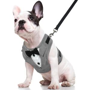 Kuoser Tuxedo Dog Harness, Adjustable No Pull for Small Medium Dogs, Wedding Suit with Bow Tie Party Costume, Gray M