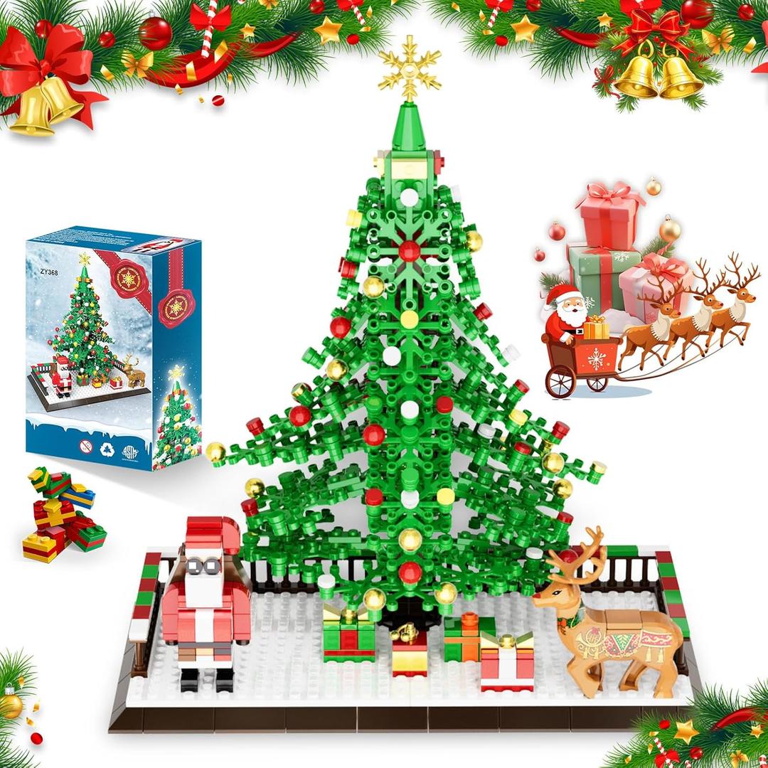 Christmas Tree Building Blocks, Christmas Decorations Set with Santa Claus & Reindeer, Creative Tabletop Decor Xmas Gifts Toys for Kids Adults Teen Boys & Girls