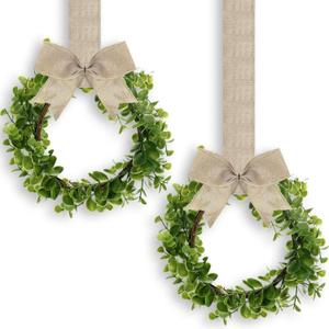 WILLBOND 2 Pcs Christmas Kitchen Cabinet Wreath Boxwood Garland with Ribbon Greenery Garland Hanging Wreaths for Cabinet Wall Window Door Fireplace Party Farmhouse Decor(Natural,Burlap)