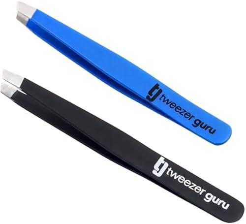 TWEEZER GURU 2 piece - Slant Pointed Precision Tweezers for Eyebrows, Ingrown Hairs, Blackheads - Sharp Needle Nose for Plucking, Splinters