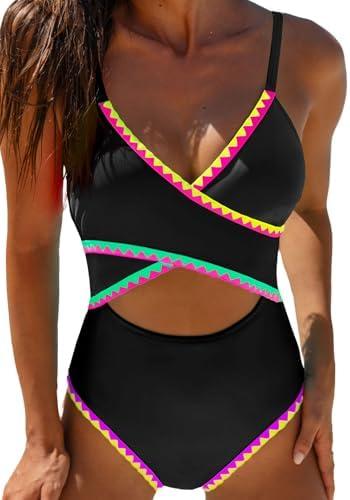 popvil Neon One Piece Swim Suit 2025 Women Tummt Control Bathing Suit Neon Cut Out Color Block Shell Stitched Swimsuits, XL