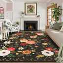 Area Rug 8x10 Clearance Rugs for Living Room Black Floral Large Vintage Washable Rug Non Slip Low Pile Carpet Rug for Bedroom, Kids Playroom, Farmhouse, Dining Room, (Black)
