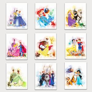 Derman Princess Wall Art Decor - Watercolor Prints Set of 9 - 8 x 10 Inch - Princess Bedroom Decor, Wall Decor For Girls - Unframed