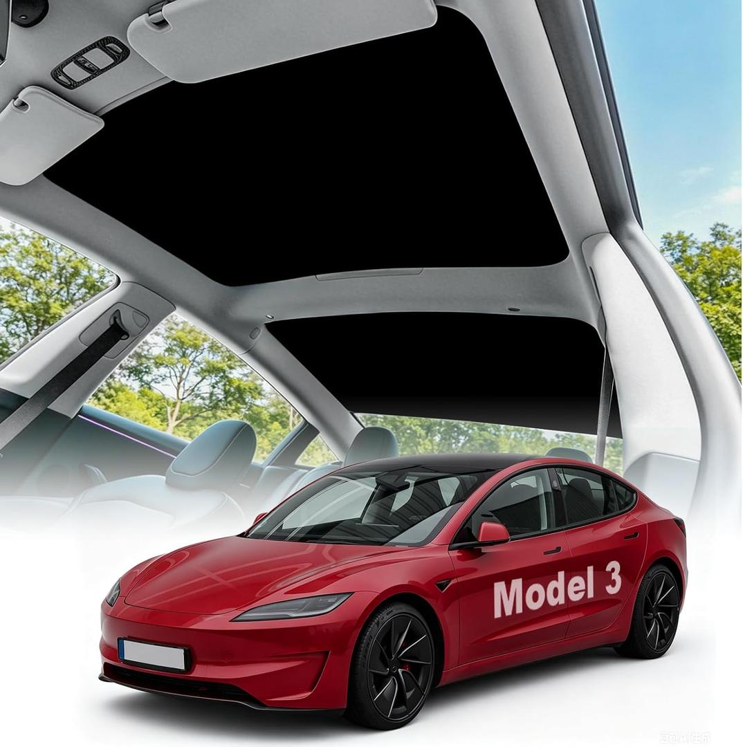 Sunshade Roof for Tesla Model 3 Highland 2024-2026 Accessories, Upgraded Carbon Steel Frame [No Sagging] Heat Insulation Glass Sunroof Cover, Dual Layer Cooling Fabric, 2PCS, Interior Black