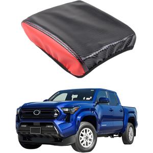 Leather Center Console Armrest Cover Compatible with Toyot@a Tacoma 2024 2025+ | Premium PU Cushion Pad & Storage Organizer | Custom Fit Protector (Black Carbon Fiber(Red Side))