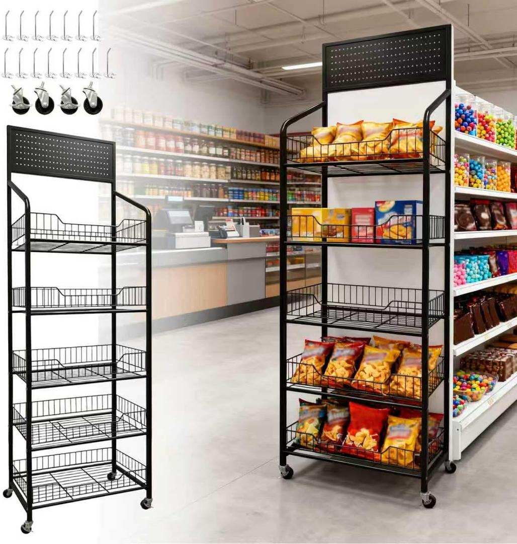 5 Tier Retail Candy Display Rack Metal Storage Shelf with Wheels & 15 Hooks Concession Candy Snack Display Racks Sturdy and Stable Chip Shelf Rack for Stores, Kitchen, Office (5 Tier Black 50cm)