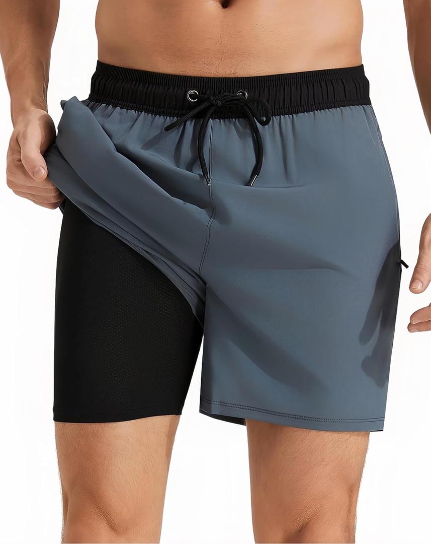 Mens Swim Trunks with Compression Liner Quick Dry Beach Shorts with Zipper Pockets