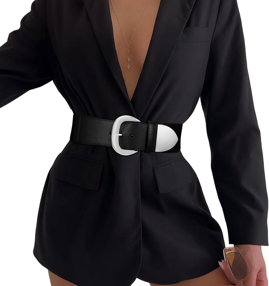 Women Wide Elastic Waist Belt for Dresses Fashion Thick Stretchy Belt for Trendy (Fit waist size 28"-33", Black(silver))