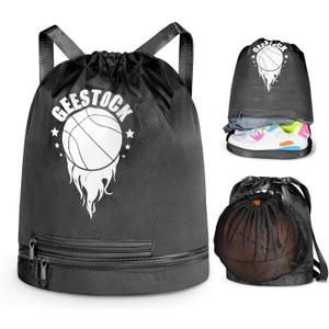 Geestock Drawstring Backpack Gym Bags Swim Bag with Shoes Compartment and Wet Pocket, with Single Mesh Ball Bag for Soccer, Basketball, Volleyball, String Backpack Beach Bags for Sport, Gym, Black
