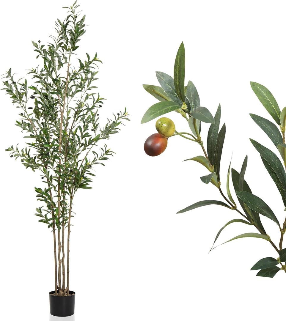 Artificial Olive Tree 7FT Tall with Natural Wood Trunk and Lifelike Fruits,Faux Silk Plant for Home Office Decor Indoor Faux Tree