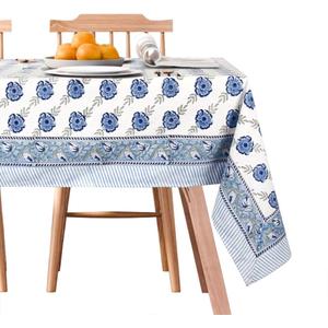 Handcrafted Hand Block Print Tablecloth 6 Seater Rectangle 60x90 Inch - Floral Canvas Cotton - Fall & Holiday Dinner Collection - Washable Reusable Sustainable Gift-Boxed - Blue & White (Blue Dutch Delft Blossoms)