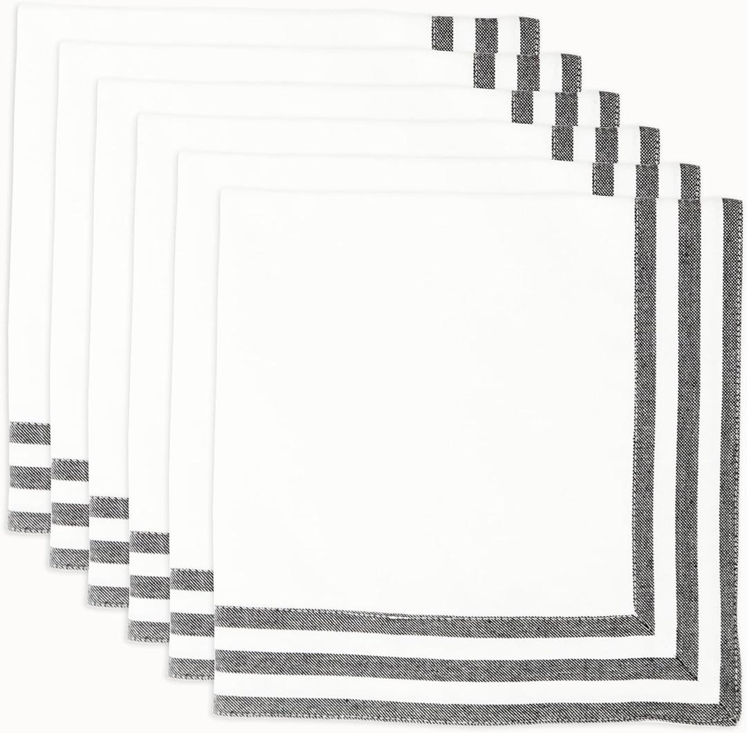 PurpleEssences Black and White Cloth Napkins - 18x18 Inch Set of 6-100% Cotton Elegant Hemstitch Dinner Napkins with 1.5" Stripe Edges, Durable, Washable - Spring Easter Summer Table Dcor