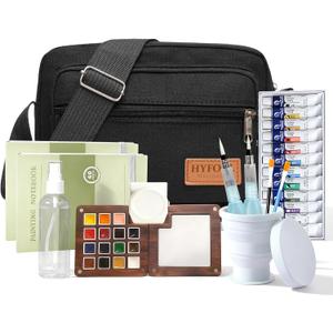 Mini Portable Watercolor Palette,Travel Paint set,15 Grids Portable Wooden Paint Palett with Bag,Paint, Brush, Cleaner Cup,2 Sketchbooks & Magnetic Clip,Watercolor for Painters,Artists