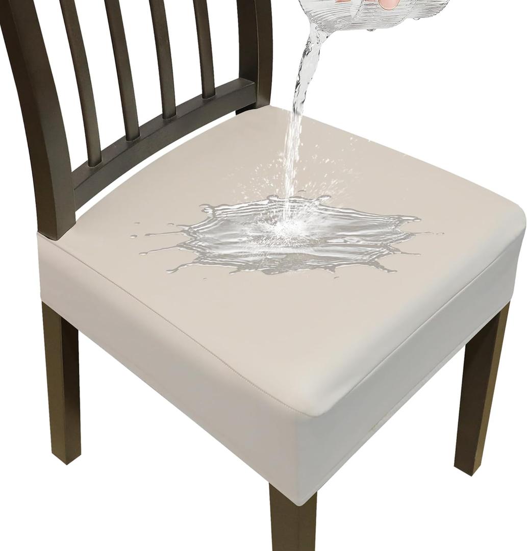 Stretch Seat Covers for Dining Room Chairs Set of 4,Dining Chair Covers,Waterproof PU Leather Chair Seat Slipcovers,Removable Washble Dining Room Chair Seat Cover(Khaki,with Zipper)