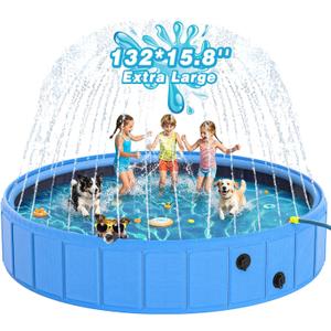 EPN Foldable Dog Pool with Sprinkler, Large Non-Slip PVC Pet Bath, 132 Inch | 2-in-1 Pet Bath and Sprinkler with Non-Slip Base for Dogs and Kids, Ideal for Backyard Cooling, Bathing and Summer Water Play