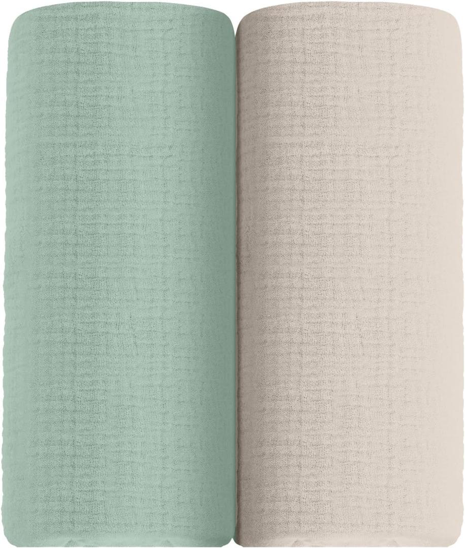 meowcards Muslin Swaddle Blankets for Baby, Unisex Baby Boys Girls Essentials, Large 47 x 47 inches, Boho Receiving Blankets Newborn Registry Must Haves (Beige & Sage, Printed)
