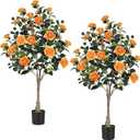 4FT Artificial Camellia Tree, 2 Pack Faux Camellia Plant with Planter, Realistic Fake Potted Plants with Flowers and Planters for Indoor Outdoor Home Office Porch Decor, Orange