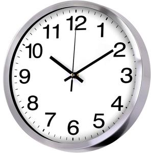 Wall Clock Metal Frame Glass Cover Non-Ticking Number Quartz Wall Clock 12inch Modern Quartz Design Decorative Indoor/Kitchen Silver
