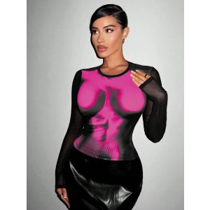 Floerns Women's Plus Size Mesh Long Sleeve Graphic Print Club Tee Shirts Hot Pink, 1XL