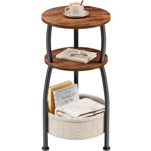 Small Side Table for Small Spaces with Storage Basket, Round End Table 3-Tier NightStand Sofa Corner Table for Living Room, Bedroom, Patio and More 24in Tall Rustic Brown