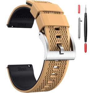 Hemsut Silicone Watch Bands, 18mm 20mm 22mm Quick Release Rubber Watch Strap for Men Women Soft Replacement, 10 Colors for Choose (Khaki/Black/Silver)