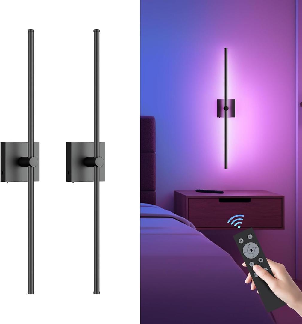 Battery Operated Wall Sconce with Remote Control, 10000mAh Dimmable Wall Sconces Set of Two, 2700K-6500K Adjustable, 7 RGB Colors, Rechargeable LED Wireless Wall Lights for Bedroom, Black, 32 Inch