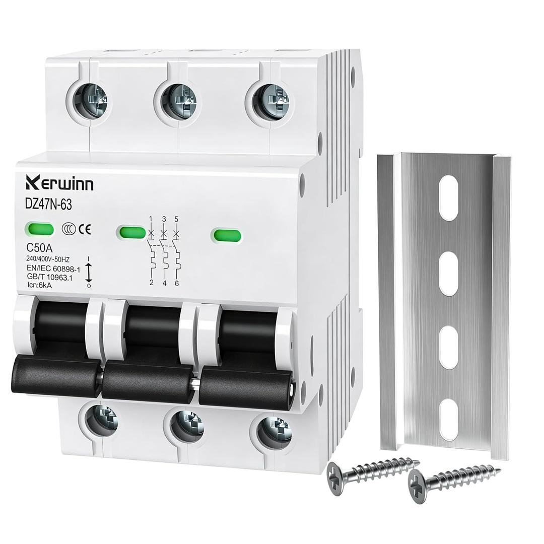 3 Pole Miniature Circuit Breaker,240V/480V AC Circuit Breaker, 50Amp Thermal Magnetic Trip Smart Circuit Breaker AC Disconnect Switch DIN Rail Mount (50A)