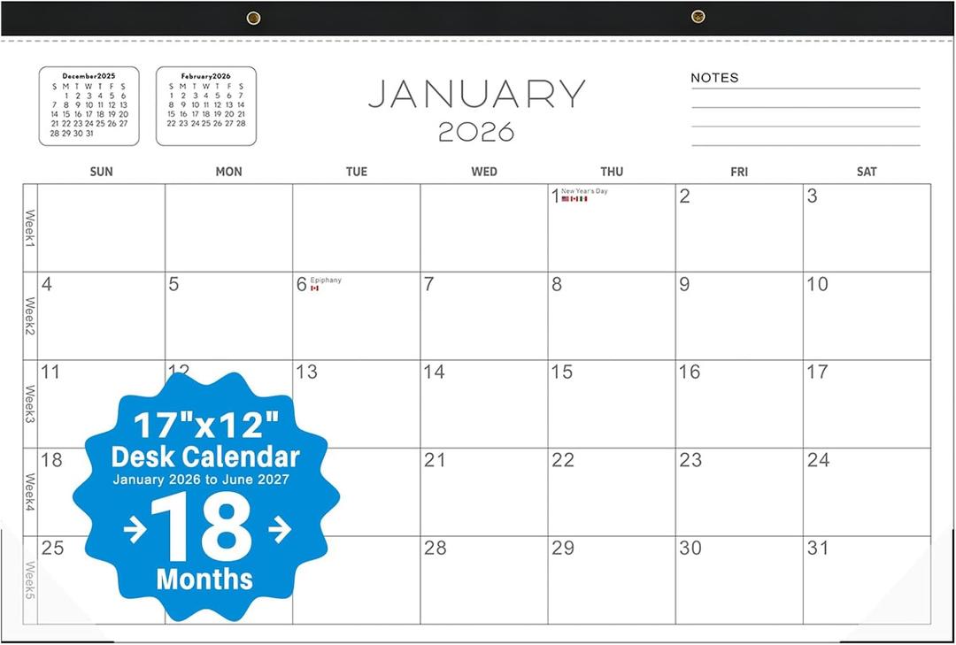 3 x 2026 desk calendar 17x12 Inch-Wall & Desk Planner Dual-Use Design,18-Month Use, clear plastic cover (Concise(Jan 2026 - June 2027))