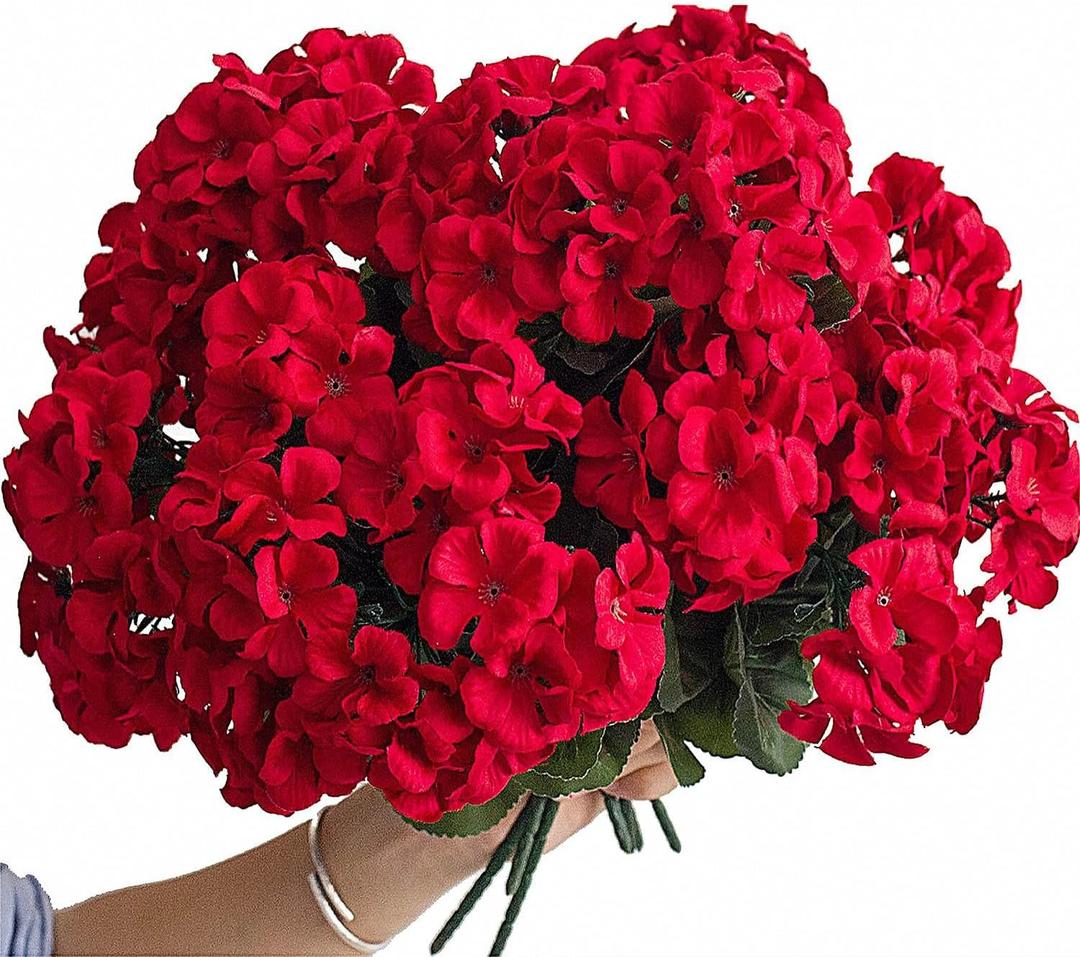 6PCS 14'' Artificial Geraniums Silk Faux Flowers Look Real Home Outdoors Decor (6, Red)