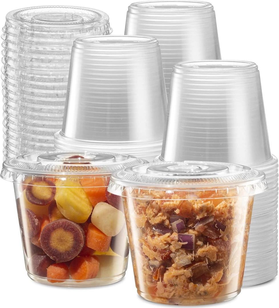(5 oz - 200 Sets) Clear Diposable Plastic Portion Cups With Lids, Small Mini Containers For Portion Controll, Jello Shots, Meal Prep, Sauce Cups, Slime, Condiments, Medicine, Disposable Souffle Cups