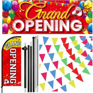 7 ft Red Yellow Grand Opening Banner with Pole Kit Advertising Feather Flag Decorations Grand Opening Store Sign Triangle Flags Set for Business Event Bar Restaurant Grocery Cafes Shop