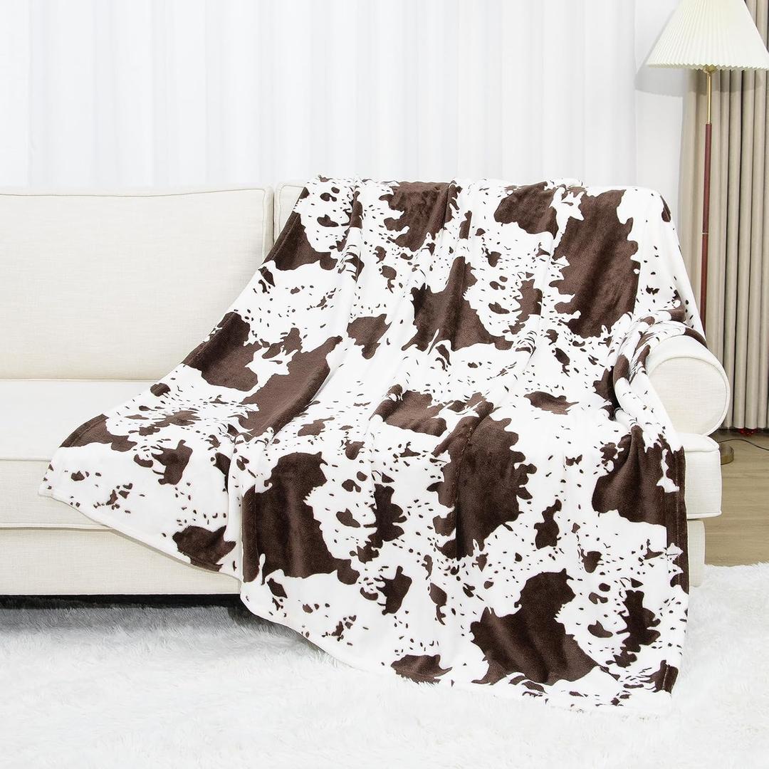 Throw Blanket Soft Twin Size Brown Cow Blanket Fuzzy Cozy Bed Blanket Lightweight Couch Blankets Cute Stuff Decor for Bedroom Livingroom (60X80INCH, White)