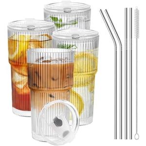 RÉΑLWÁY Iced Coffee Cups with Lids and Straws, 20 OZ Glass Tumbler with Straw and Lid, Clear Ribbed Glass Cups Reusable to Go Coffee Tumbler for Matcha, Smoothie, Cocktail,Latte, 4 Pcs