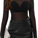 SOFIA'S CHOICE Women's Sheer Mesh Top Long Sleeve See Through Shirts Mock Neck Sexy Fitted T Shirt Black X-Large