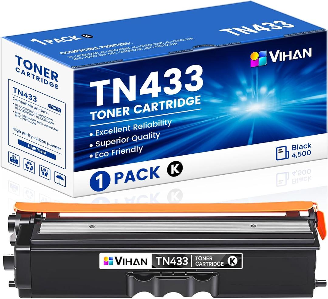 TN-433 TN433BK Toner Cartridge 1 Pack Replacement for Brother TN433 TN433BK Toner Cartridge HL-L8360CDW MFC-L8900CDW Printer Ink