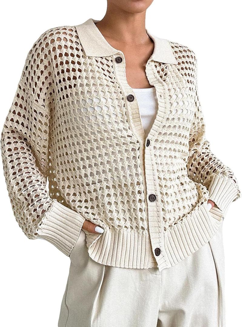 QWINEE Women's Crochet Cardigan Sweater Lightweight Cardigan Hollow Out Sweater Long Sleeve Button Down Knit Top (X-Large, Apricot)