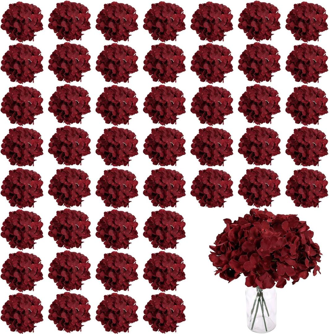 WEISPARK 100PCS Artificial Hydrangea Flowers, Fake Flowers Silk Hydrangea Full Flowers Heads with Stems for Wedding Home Party Shop Baby Shower Decor (Burgundy)