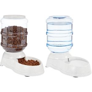 Amazon Basics Automatic Dog Cat Water Dispenser Gravity Feeder Set, Pack of 2, Small, 6-Pound Food Capacity, 1-Gallon, Gray