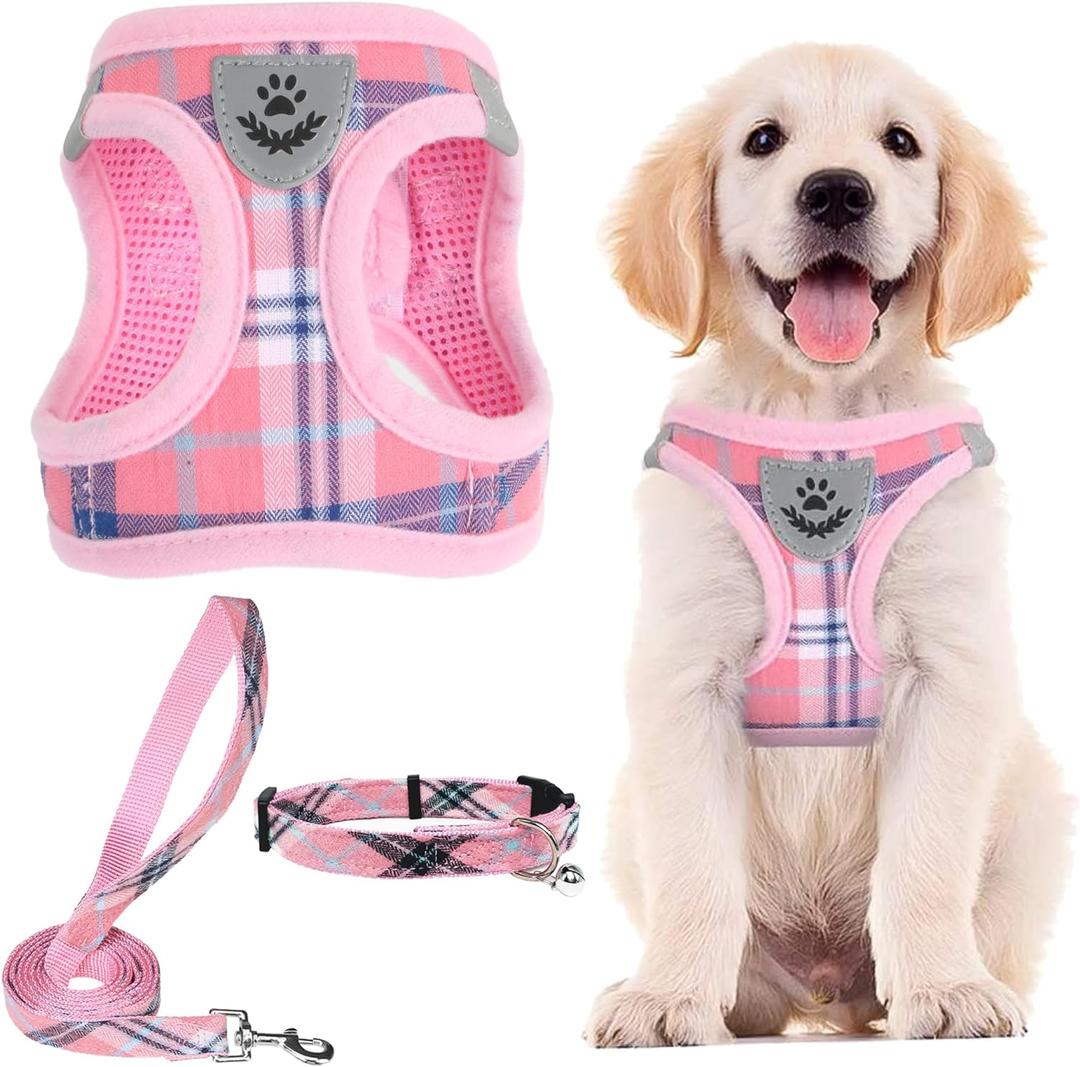 PUPTECK Adjustable Dog Harness Collar and Leash Set Step in No Pull Pet Harness for Dogs Puppy and Cats Outdoor Walking Running, Soft Mesh Padded Reflective Vest Harnesses, Pink (XS (CHEST 13"-14.5"))