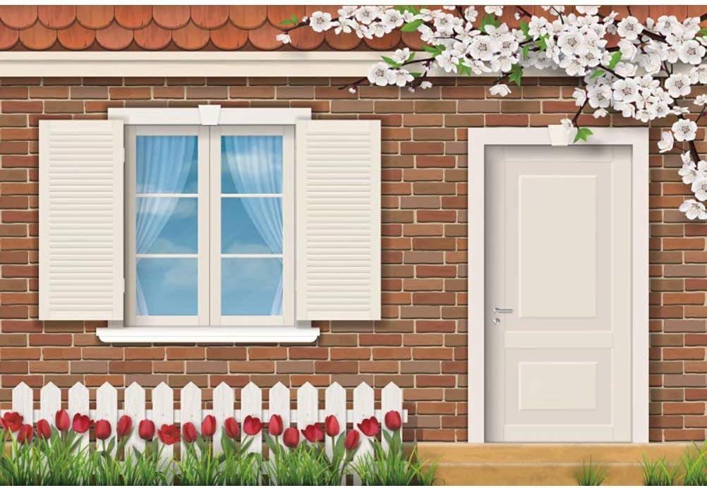 shensu Vinyl 7x5ft Flower Fence House Scene Photography Backdrop Brick Wall White Door Window Photo Background for Kids Boys Girls Men Women Artistic Portrait Photoshoot Photo Booth Studio Props