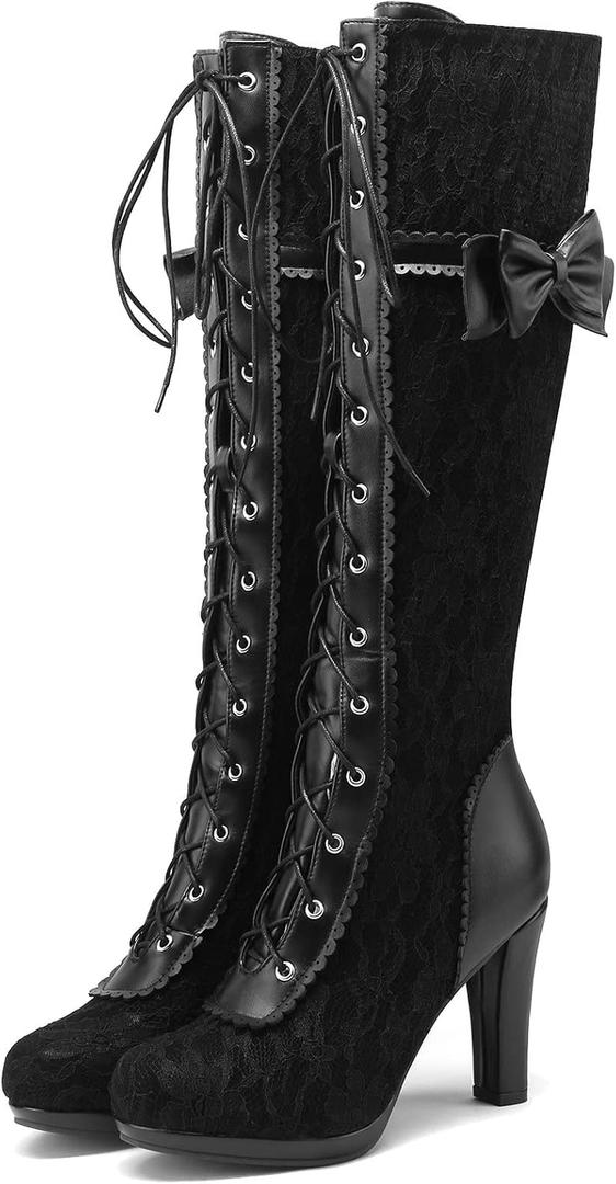 KysBloes Women Lace Goth Knee High Boots Buckle Block Heel Lace Up Knee Length Boots Punk Platform Tall Boots, Size 39