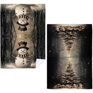 Christmas Kitchen Towels, Winter Xmas Holiday Dish Tea Towels for Kitchen Decor, Rustic Christmas Snowman Xmas Tree Decorative Hand Towels for Bathroom, 16x24 Inch Set of 2