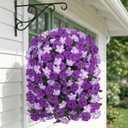 HyeFlora Artificial Flowers with Basket for Outdoors, 3pcs Faux Hanging Morning Glory Silk Fake Flowers Lifelike Plants UV Resistant Flowers for Outside Planter Patio Garden Porch Decor (Purple)