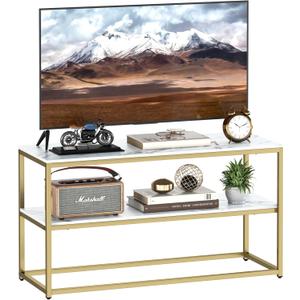 Function Home TV Stand for TVs up to 50 Inch, 3 Tier Entertainment Center, Modern TV Cabinet with Marble Top and Gold Metal Base, 42" Media Console Table with Storage for Living Room Bedroom