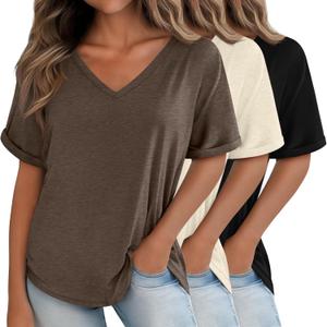 Huukeay 3 Pack Women's Oversized T Shirts, V Neck Loose Fit Rolled Sleeves Tops Cotton Shirts Summer Half Sleeves Tee (Medium, Black, Brown, Milky White)