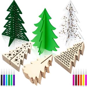 Blosssound 48 Pcs Christmas Craft Set 36 Wood Tree Crafts 3D Christmas Tree Cutouts with 12 Colored Markers Wooden Unfinished Slices to Paint for Xmas Winter DIY Handmade Tiered Tray Decor