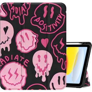 Compatible with iPad (A16) 11th Generation 11 Inch 2025,10th Generation Case 2022,iPad 10.9 Inch Case Pencil Holder Soft Back Auto Sleep/Wake Cover Women Girls Cute Preppy Face-Black Pink