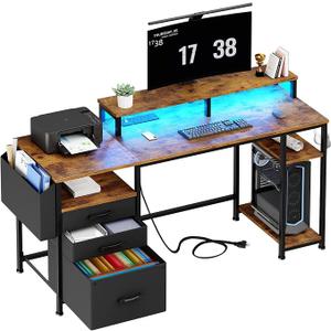 Lufeiya Gaming Desks with Led Lights and Power Outlets, 55 Inch Study Writing Computer Desk with Fabric File Drawers Cabinet for Bedroom, Home Office Desk with Shelves Monitor Stand, Rustic Brown