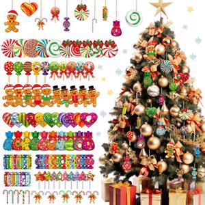 Soaoo 100 Pieces Christmas Peppermint Candy Hanging Ornaments Wood Christmas Tree Ornaments Set Lollipop Gingerbread Candy Cane Decorations with Rope Decorative Hanging Decorations for Xmas(Stylish)